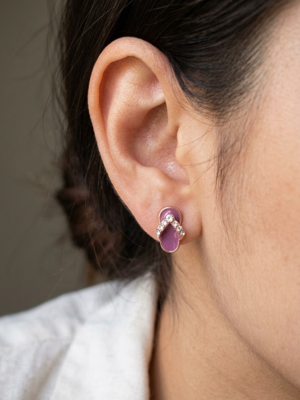Purple Enamel Flip-Flop Stud Earrings with Crystal Accent